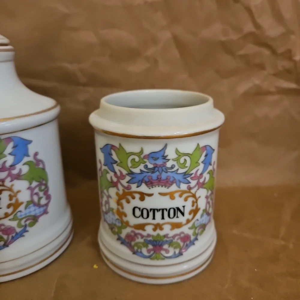 Vintage Apothecary Jars Peroxide Salts Cotton Bathroom Vanity Gold Trim